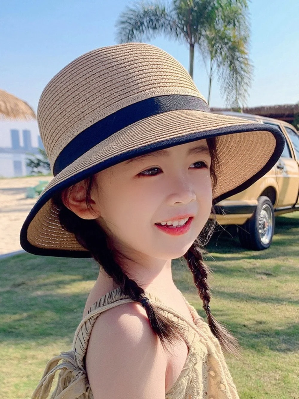 Kids Straw Sun Hat with Navy Trim - Child Beach Hat